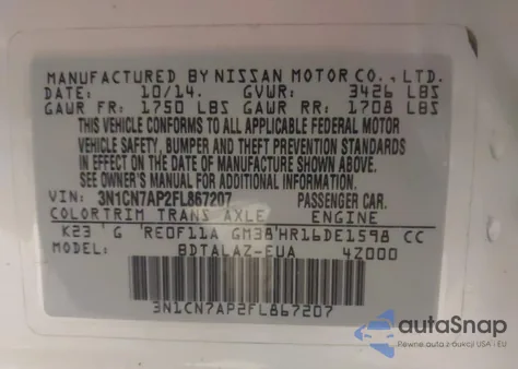 2015 Nissan Versa 1.6 S+ z USA, uszkodzony, nr VIN 3N1CN7AP2FL867207